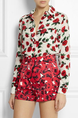 Moschino Rose-print silk and cotton-blend playsuit