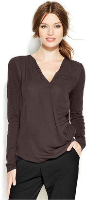 Vince Camuto Knit-Sleeve Draped Faux-Wrap Top
