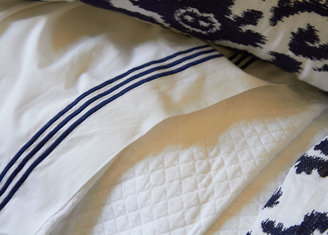 Ethan Allen White Flat Sheets with Navy Embroidery