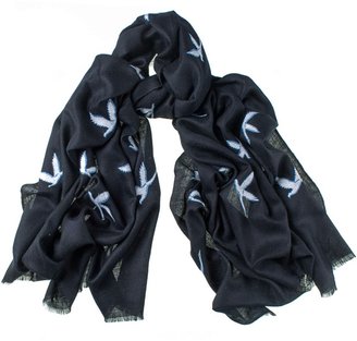 Black Flying Swans Embroidered Cashmere Ring Shawl