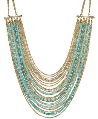 INC International Concepts Gold-Tone Blue Bead and Chain Multi-Row Frontal Necklace