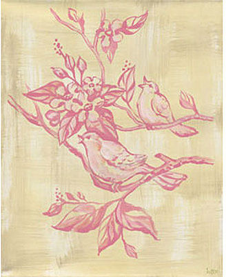 Pink Bird Toile Canvas Reproduction