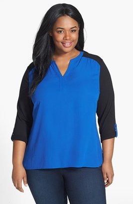 Sejour Colorblock Mixed Media Roll Sleeve Top (Plus Size)