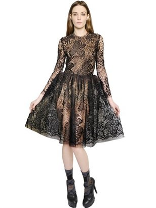 Vera Wang Web Lace Dress With Gathered Skirt