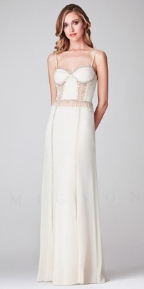 Mignon Ivory Embellished Lace Illusion Bustier Long Dresses