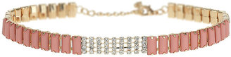 Topshop Freedom at 100% metal. Gold look choker with pink rectangular stones and rows of rhinestones, unfastened length 11.75 inches with 3 inch extension chain.