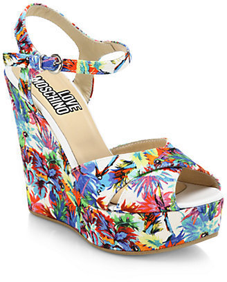 Love Moschino Jungle Printed Canvas Wedge Sandals