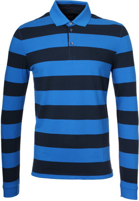 BOSS Prato 27 Blue & Black Striped Pima Cotton Long Sleeved Pique Polo Shirt