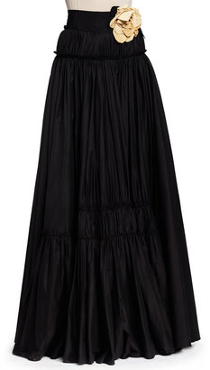 Lanvin Long Tiered A-Line Skirt with Rosettes, Black