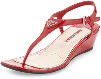 Prada Patent Logo Wedge Thong Sandal, Rosso
