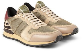 Valentino Leather-Trimmed Mesh, Suede and Calf-Hair Sneakers