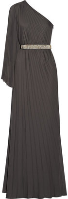 Halston One-shoulder plissé-crepe gown