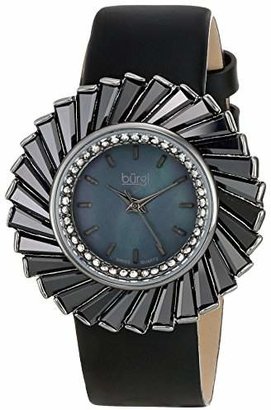 Burgi Women's BUR114BK Swiss Quartz Crystal Accented Mother-of-Pearl Silver Black Leather Strap Watch
