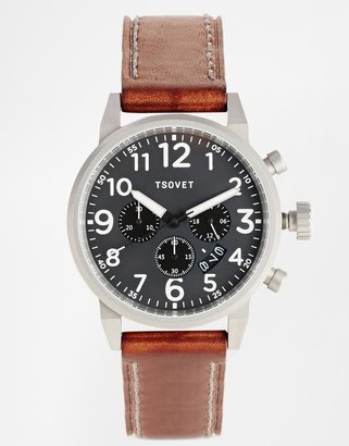 Tsovet Chronograph Brown Leather Strap Watch