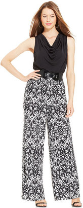 Amy Byer Sleeveless Belted Printed Jumpsuit