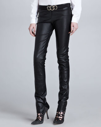 Oscar de la Renta Low-Rise Skinny Leather Pants, Black