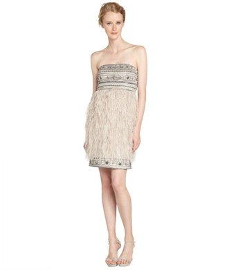 Sue Wong platinum grey ostrich feather jeweled strapless dress