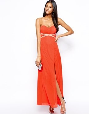 Lipsy Embellished Maxi Dress with Thigh Split - Coral