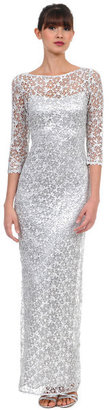Kay Unger New York Long Beaded Lace Sheath Gown in Silver Women