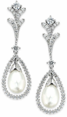 Arabella Bridal Cultured Freshwater Pearl (7mm) and Swarovski Zirconia (2 ct. t.w.) Drop Earrings in Sterling Silver