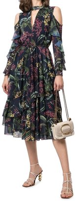 Marchesa Notte Floral-Print Cold-Shoulder Ruffle Midi Dress