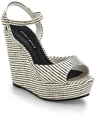 Alice + Olivia Jenna Pinstriped Leather Wedge Sandals