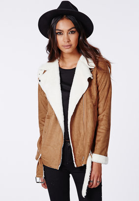 Missguided Faux Suede Shearling Jacket Tan
