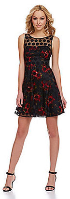 Betsey Johnson Dot-Overlay Fit-and-Flare Floral Dress