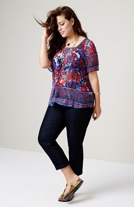 Lucky Brand Border Print Sheer Floral Peasant Top (Plus Size)