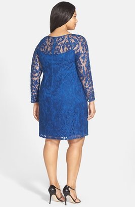 Adrianna Papell Beaded Illusion Sleeve Lace Sheath Dress (Plus Size)