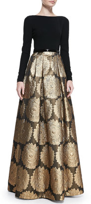 Theia Long-Sleeve Jacquard Skirt Gown