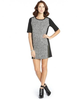 Dex black and white tweed and faux leather zipper dress