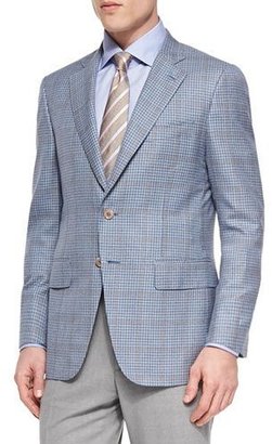 Isaia Check Jacket with Contrast Deco, Blue/Tan