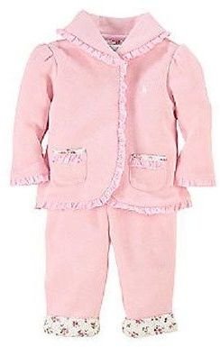 Ralph Lauren NEW Baby Girl FLEECE 2 pc Outfit Hoodie Brown Pink White 3 or 6 mo.