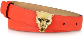 Roberto Cavalli Panther Gold Tone Metal w/Red Leather Belt