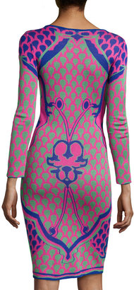 Neiman Marcus Long-Sleeve Dotted Combo Dress, Pink