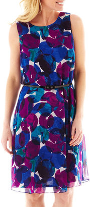 Liz Claiborne Sleeveless Belted Print Fit-and-Flare Dress