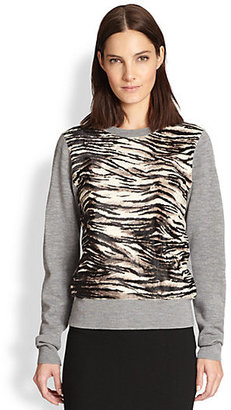 A.L.C. Brick Zebra-Print Calf Hair-Paneled Wool Sweater
