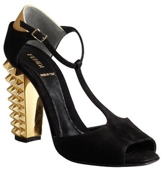 Fendi black suede studded heel t-strap peep toe sandals