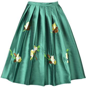 Choies Green Embroidery Floral Midi Skirt