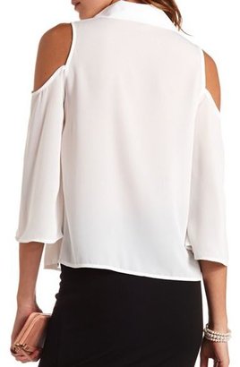Charlotte Russe Bell Sleeve Cold Shoulder Button-Up Chiffon Top