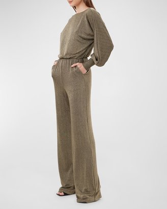 Trina Turk Europa Blouson-Sleeve Shimmer Jersey Jumpsuit