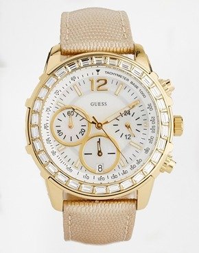 GUESS Lady B Leather Strap Watch - gold