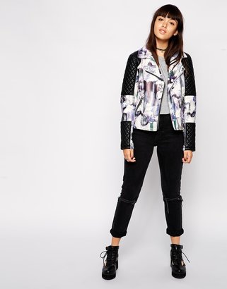 ASOS COLLECTION Leather Look Biker with Floral Print