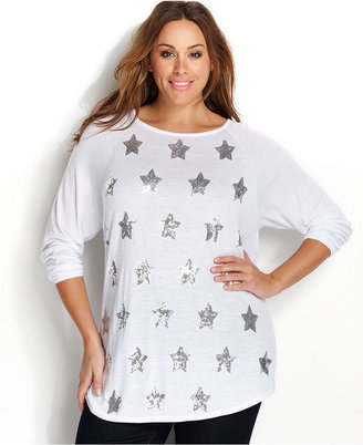 INC International Concepts Plus Size Long-Sleeve Sequined-Star Top