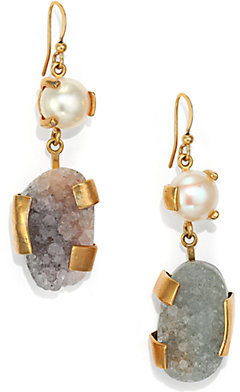 Kelly Wearstler Zinnia Grey Agate Druzy & 9MM White Pearl Drop Earrings
