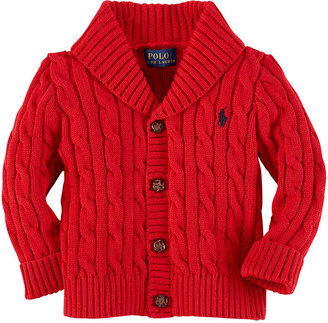 Ralph Lauren Childrenswear Cable-Knit Shawl-Collar Cardigan, Martin Red, 3-24 Months