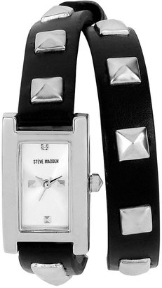 Steve Madden Watch, Women's Silver-Tone Pyramid Studded Black Double Wrap Strap 25x19mm SMW00026-01