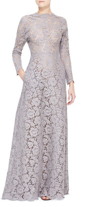 Valentino Long-Sleeve Lace Gown with Open Back