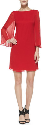 Alice + Olivia Odette Sheer-Sleeve Fitted Dress, Red